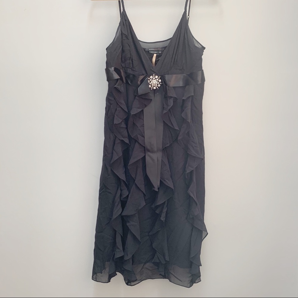 Y 2k Vintage early 2000s BCBG Black Ruffled Silk Chiffon Babydoll Dress 10